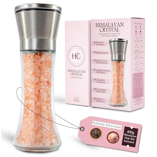 HC 200g Himalayan Pink Salt and Pink Himalayan Salt Grinder | 200g Extra Himalayan Rock Salt Refill | Pink Salt Himalaya with Salt and Pepper Mill |Himalayan Coarse Salt and Pepper Grinder for Kitchen