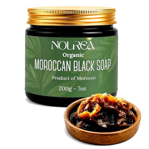 NOUREAA Organic Moroccan Black Soap (Beldi) Made in Morocco Traditional Moroccan Hammam Body Cleanser Olive-Based Black Soap for Exfoliation Prep Authentic Moroccan Body Care 7 oz