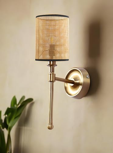 Image of AKWAY Antique Brass Finish Wall Lamps for Living Rooms with Bamboo Shade | Rattan and Cane Wall Lights for Bedroom | Wicker Wall scones - (Rattan Single Webbing Cylinder - Adya)