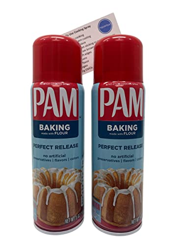 Pam No Stick Cooking Spray Bundle, (2) 5oz Baking with Flour Perfect Release Cans & ThisNThat Tip Card