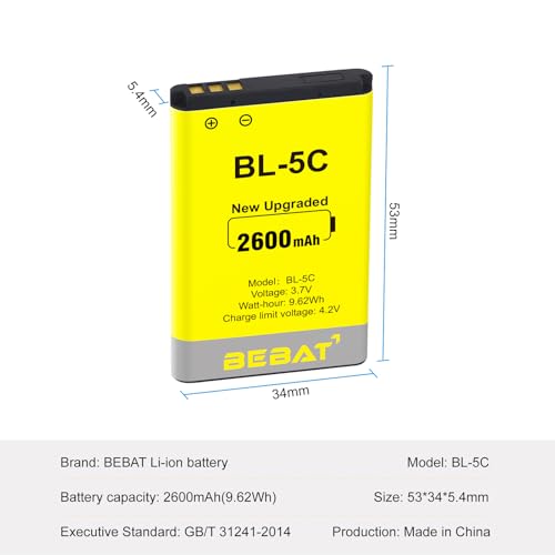 Image of (2 Pcs) BL-5C Battery, 3.7V 2600mAh Rechargeable BL-5C Battery Suitable for Household Radio, Nokia with Current Protection