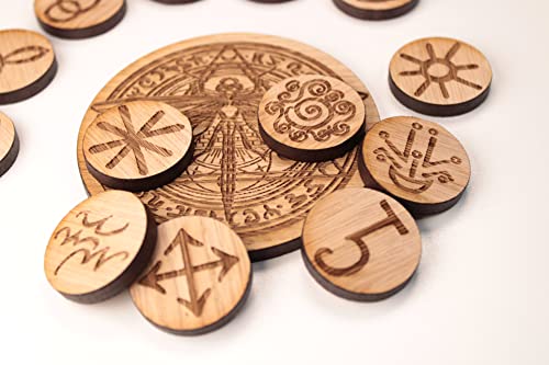 13 Hexenrunen Runensteine mit magischer Libelle aus Holz Runenset Eiche Hexen Runen