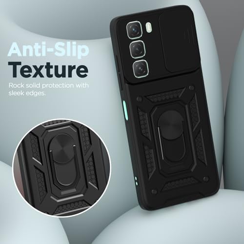Image of Pikkme Back Cover for Infinix Hot 50 5G | 360 Protection Case | Sliding Camera Shield Cover & Ring Holder Stand D10 Tough Armor Bumper Case (Black)