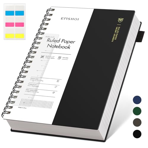 EMSHOI A4 College Ruled Spiral Notebook, Large 8.27"x11.2", Thick 300 Pages/150 Sheets, 100GSM Ink-Proof Waterproof PVC Cover Lay-Flat Lined Journal for Work Office School Writing, Black