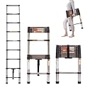 Qimu Extension Telescoping Ladder Stainless Steel 8.5FT Lightweight Collapsible Multi-Purpose Portable Telescopic Attic Rv Roof Ladder, for Household Outdoor, 330 Lb Capacity