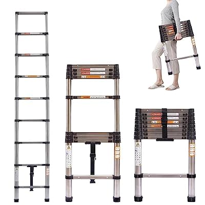 Qimu Extension Telescoping Ladder Stainless Steel 8.5FT Lightweight Collapsible Multi-Purpose Portable Telescopic Attic Rv Roof Ladder, for Household Outdoor, 330 Lb Capacity