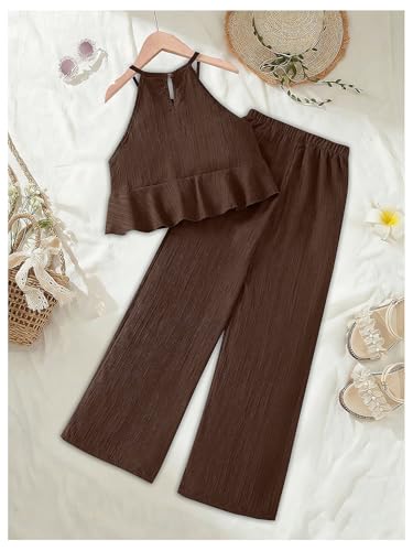 Image of SweatyRocks Girl's 2 Piece Outfits Ruffle Halter Sleeveless Top and Elastic High Waisted Pants Set