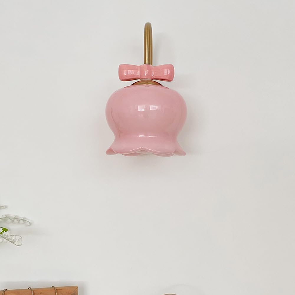 Nordic Luxury Pink Glass Wall Sconces for Girls Bedroom Vanity Light Milk Glass Flower Shade Kids Wall Light Cute Bow New Modern Wall Lamp for Bedside Living Room Ladies Souvenir Lamp