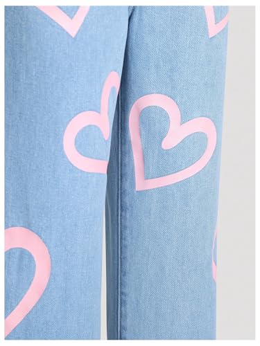 Girl's Heart Print High Waisted Loose Straight Leg Jeans Denim Pants3