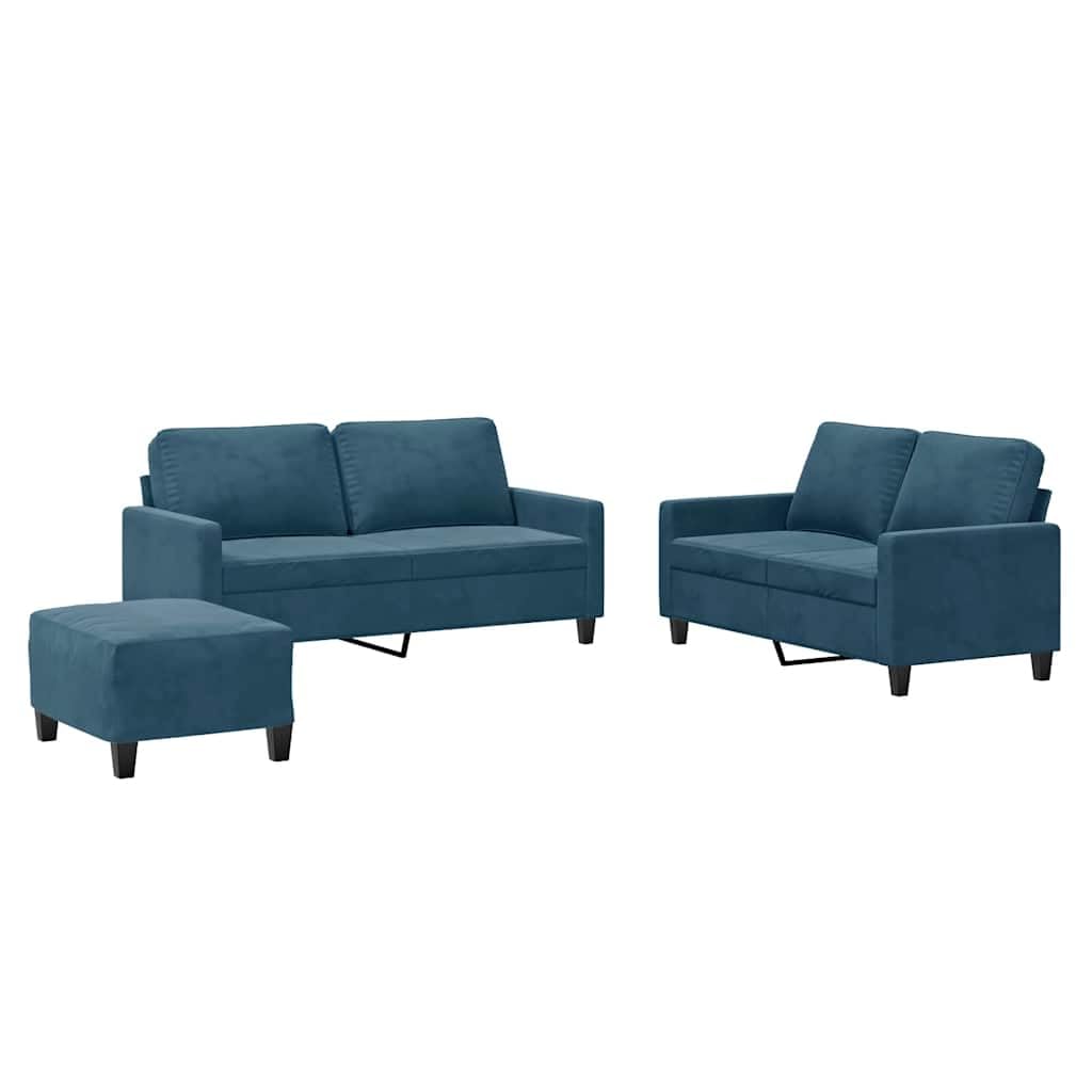 Divano 3 Pezzi Velluto Blu con Pouf | Struttura contropiastra e metallo, seduta imbottita, pouf multiuso, carico massimo 110 kg per sedile