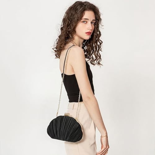 Image of RNIEGA Pleated Satin Seashell Evening Clutch Purse for Women Elegant Clutch Handbag Shoulder Bag with Chain for Wedding