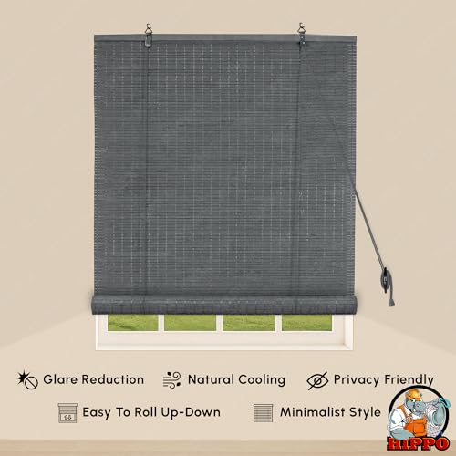 Image of HIPPO Bamboo Curtains - W-3 FT X H-5 FT Rope Mechanism Roll Up Down Indoor Bamboo Shade for Sun & Dust Protection for Home Window, Balcony, Restaurant, Hotel, Resort (Grey)