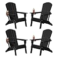 Plawdlik Folding Adirondack Chair Set of 4, Cup Holder?Wooden Textured ?Heavy All-Weather HDPE Comfortable Set Poolside Backyard Lawn Black