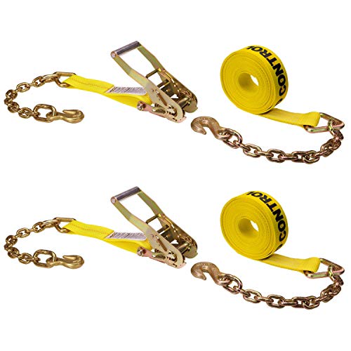 US Cargo Control Chain Ratchet Straps 2 Inch x 27 Foot (2-Pack), 10,000 LBS Break Strength, Heavy Duty Ratchet Straps with Chains Ends & Grab Hooks, Heavy Equipment Tie-Downs, Tractor Tie Downs