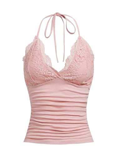 GORGLITTER Women's Lace Deep V Neck Ruched Halter Tops Tie Backless Sexy Skinny Party Tops Dusty Pink Large