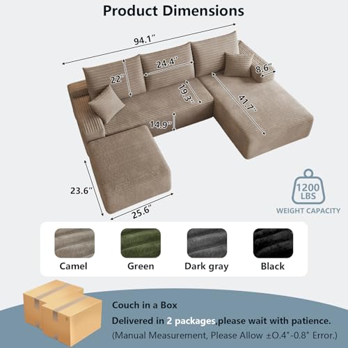 Image of 95 inch Cloud Sectional Couch with Ottoman,Modern U-Shaped Cloud Couch with Deep Seat,Comfy Corduroy Sofa,Memory Foam Sofa for Living Room,No Assembly (Camel,Right-Facing Chaise)
