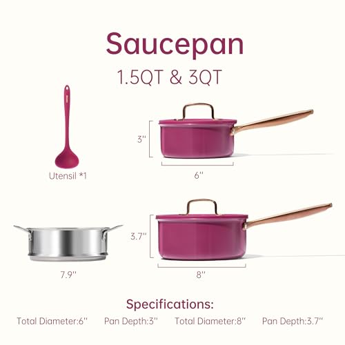 Image of CAROTE 1.5Qt & 3.0Qt Stainless Steel Saucepan Set with Steamer & Ladle, Non-Toxic 3-Ply Stainless Steel Pot with Lids, Small Pots for Cooking, Oven Safe, Induction Compatible Cookware, Purple
