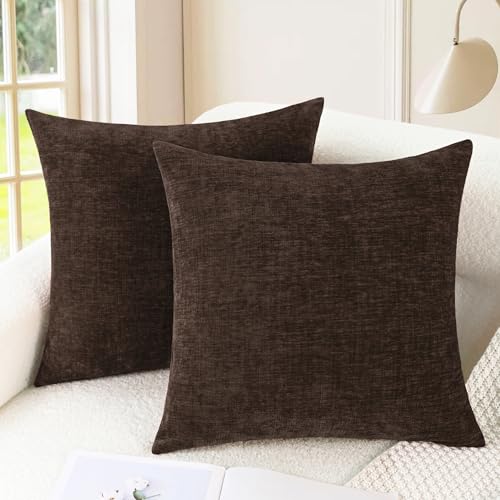 Image of CaliTime Pack of 2 Cozy Throw Pillow Covers Cases for Couch Sofa Home Decoration Solid Dyed Soft Chenille 18 X 18 Inches Coffee