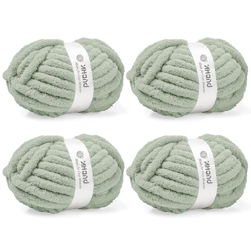 Image of Inhand Meadow Green Chunky Chenille Yarn for Hand Knitting,Thick Bulky Christmas Blanket Yarn for Crocheting,Soft Fluffy Yarn for Crochet Holiday Gifts for Women /Beginners,4 Pack (29.5Yds /8.4oz Each)