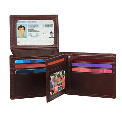 Mens Bifold Leather Wallet with 2-3 ID/photo windows and 14 Card Slots, Large Capacity RFID Blocking Wallet for Men（Dark brown ）2
