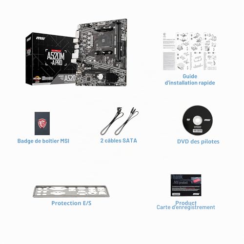 MSI A520M-A Pro Carte-mère Micro-ATX - pour processeurs AMD Ryzen 3è gén, AM4, DDR4 Boost (4600MHz/OC), 1 x PCIe 3.0 x1, 1 x M.2 Gen3 x4, Gigabit LAN