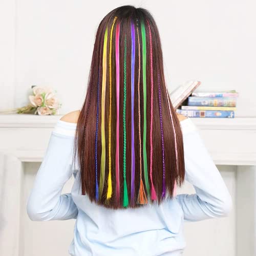 Foto von Bunte Haarsträhnen Kinder 24 Stück, Geflochtene Haar Neon Haar Geflecht Extensions Anhänge mit Neon Clip Snap, für Geburtstagsfeierbevorzugungen und Kinder Haarschmuck