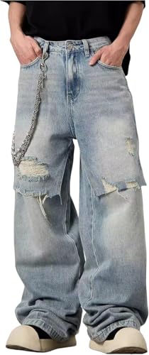 Pantalones Vaqueros de Trabajo de Estilo Retro para Hombre Y2K Hip Hop Street Style Pantalones Rectos de Cintura Alta y Pierna Ancha (Azul,M)