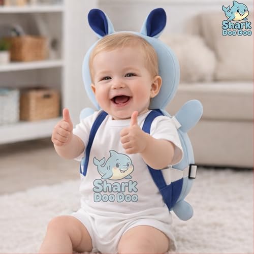 Image of Shark Doo Doo Bunny Shaped Blue Baby Head Protector Pillow - Infant Fall Protection Cushion | Soft Plush Safety Helmet with Adjustable Straps