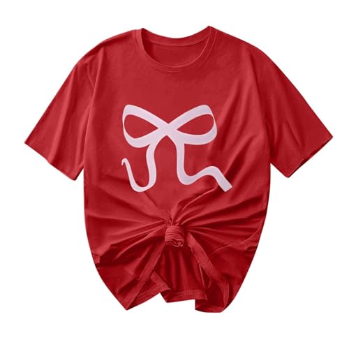 Lemoiitea Camisas estampadas para mujer, con estampado de lazo, cuello redondo, blusas tipo túnica, de manga corta, casuales, holgadas, para verano, camisetas gráficas regulares para exteriores,