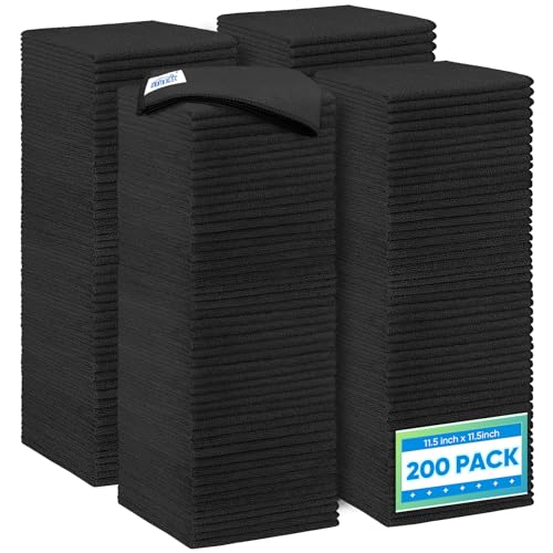 Image of HOMEXCEL Black Microfiber Cleaning Cloth 200 Pack, 11.5 x 11.5 inch Bulk Shop Towels | Reusable Cleaning Rags for Cars, Kitchen, Window, Garage and House, Ultra Absorbent, Lint Free, Streak Free