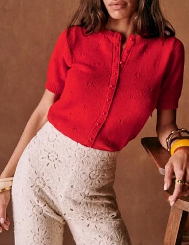 Image of Bianstore Women's Casual Short Sleeve Crewneck Button Down Cardigan Sweater Crochet Knit Top
