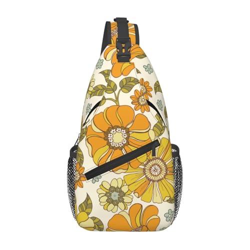 LOSTORCHI Retro 70s Style Flower Crossbody Sling Bag for Women Men Colorful Large Scale Hand Drawn Floral Pattern Travel Sling Backpack Casual Shoulder Bag Groovy Flowers Print Sports Hiking Daypack