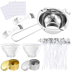 Pajaver Kerzenherstellung Zubehör, Kerzen Selber Machen Set, 50 Kerzendochte für Kerzen und Docht Aufkleber, 4 Kerzenglas, 2 Docht Zentrierung Gerät , 1 Wasserbad-Schmelzschale Kein Sojawachs