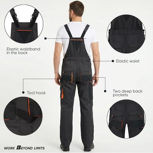 BWOLF Atlas Latzhose Herren Arbeitshose Schutz-Latzhose Classic mit Multifunktionalen Taschen Dunkelgrau/Orange (Dunkelgrau, 3XL)