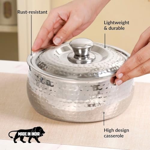 Image of Nestasia Stainless Steel Insulated Casserole with Lid (2000 ml) - 100% Food Safe Hammered Roti Server with Self Locking Lid - Retains Heat & Freshness | Rust Resistant & BPA - Free Chapati Casserole