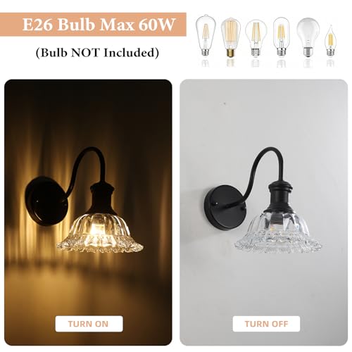 Image of Bathroom Vanity Lights 2 Pack, Black Wall Sconce with Pressed Patterned Glass Lampshade, Farmhouse Wall Light Fixtures for Bathroom, Bedroom, Living Room, Entryway