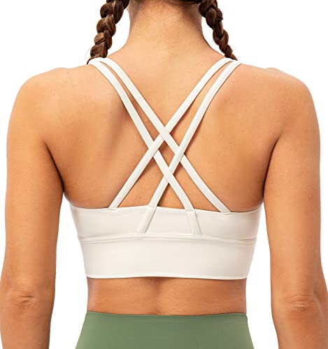 Lavento Women's Cross-Strap Sports Bra Longline Padded Medium Support Workout Yoga Bras Tops (Light Ivory, 6) #TOP30