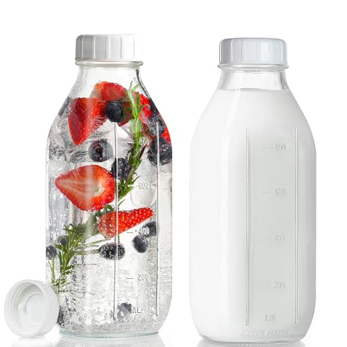 PISTISJACK 2 PCS 1L Botellas de vidrio con Tapas, Botellas Cristal Reutilizable, Botella Vidrio Transparente, botellas de zumo, para Oats, Cereales, Yogur, Pudín, Aceite, Leche, Zumo y Limonada