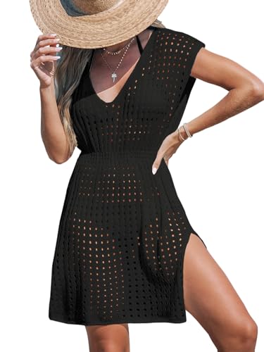 CUPSHE Womens Crochet Swimsuit Coverup Short Sleeve V Neck Mesh Mini Dress Split Casual Knit Beach Cover Ups