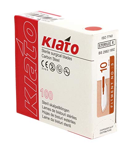 KIATO No.10 STERILE Swiss Carbon Steel Long Curved Ultra Thin Surgical Scalpel Blades Sharp Cutting Edge Individually Wrapped in Foils Disposable 100-count Box Long Expiry Date
