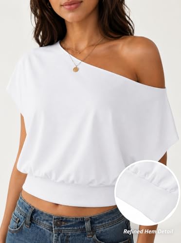 Image of SOFIA'S CHOICE Women's Off The Shoulder T Shirt Crop Top Casual Summer Dolman Sleeve Asymmetrical Cinched Waist Tops