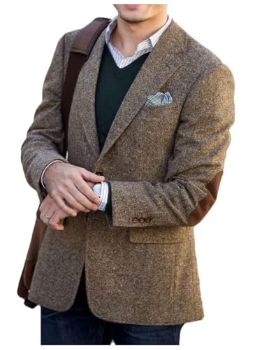 Cappotto blazer in tweed con toppa marrone sul gomito: chiusura monopetto a due bottoni, risvolto dentellato, maniche lunghe.