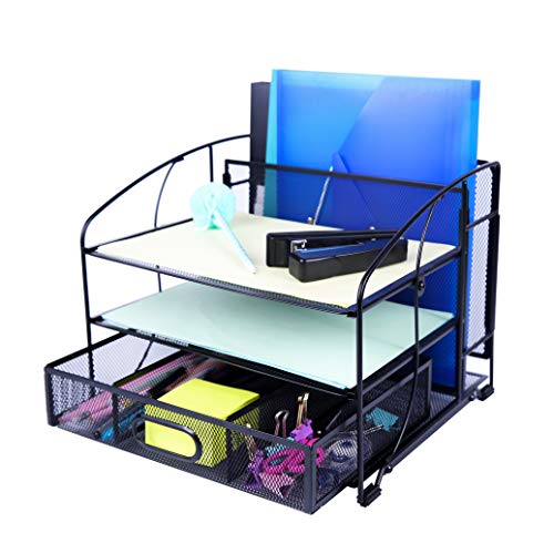 Exerz Mesh Desk Organizer Office Supplies 3 Trays/Desktop File Holder with Sliding Drawer and Hanging File Holder/Vertical Upright Section for Office Home Multifuntional - Black