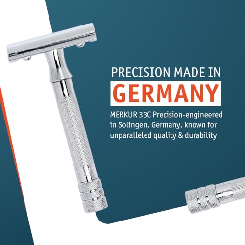Image of MERKUR 33C Double Edge Safety Razor, Three-Piece Design, Closed Comb, Short Handle, Bright Chrome Finish, Made in Germany