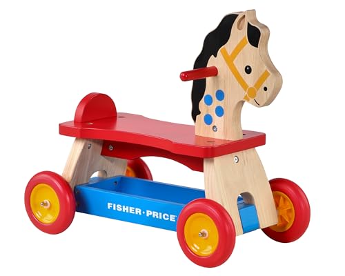 Fisher-Price Retro Wooden Pony Ride-On Toy for Toddlers Real Wood Ride-On by Dynacraft with Under-Seat Storage Indoor Floor-Friendly Wheels Classic Vintage Style for Ages 1.53 Years 1-Count