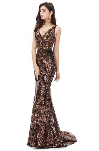 Women's V Neck Sequins Mermaid Prom Dress Long Ball Evening Party Dress Sleeveless Lace up Celebrity Pageant Gown4