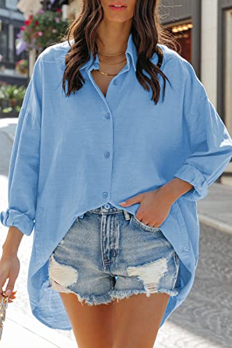 Image of FSHAOES Womens Oversized Button Down Shirts Casual Loose Long Sleeve Solid Lapel Long Blouses Tops with Pockets