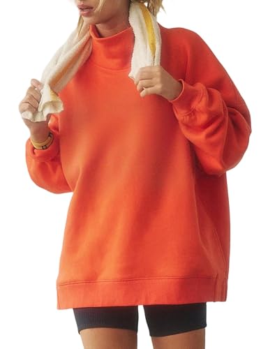 Eutten Womens Oversized Mockneck Sweatshirts Long Sleeve Turtleneck Pullover Casual Fall Drop Shoulder Hoodies Tops Orange