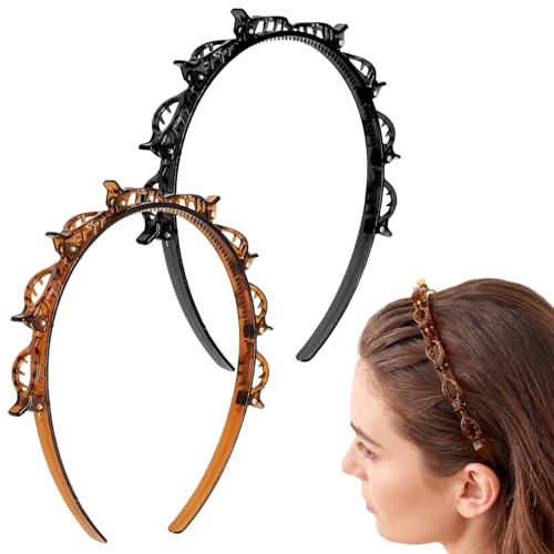 2er-Set haarreif mit klammern rutschfeste haarreifen damen mit integriertem Kamm für Damen und Mädchen haarreifen mit klammern für gedrehte Ponyfrisuren stylische Ponyfrisuren (Schwarz Braun)