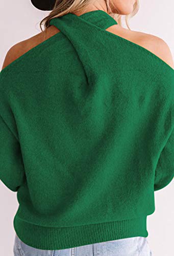 Angashion Women's Sweaters Casual Off Shoulder Tops Crossed V- Neck Long Sleeve Crop Halter Pullover Green M #TOP2